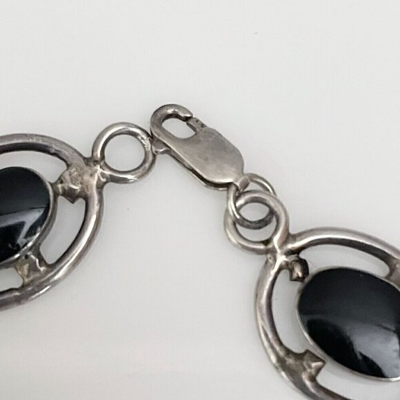 Vintage Handmade Sterling Silver Black Onyx Round Link Segment Bracelet 7.5" - Picture 4 of 5